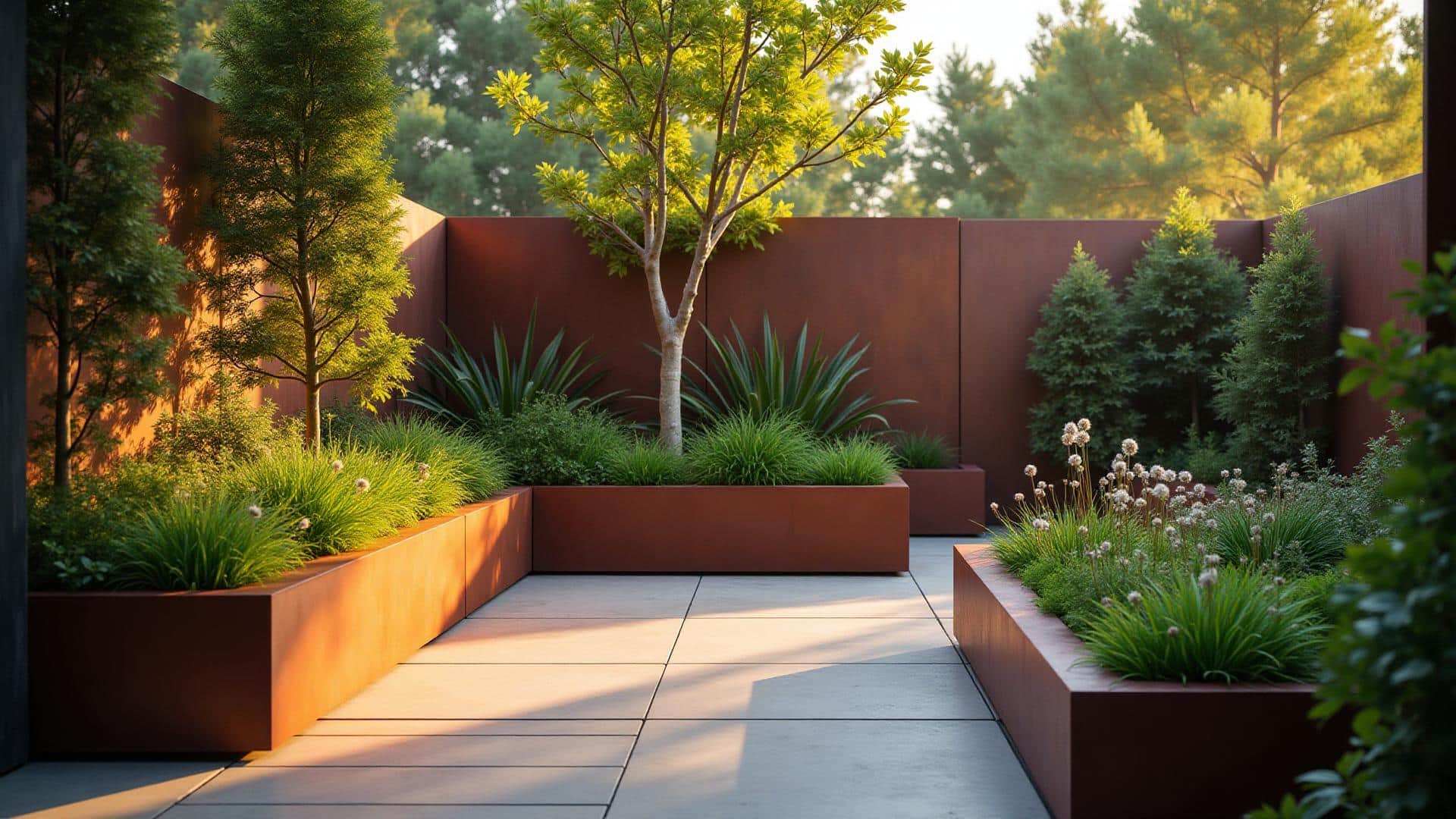 Jardin moderne avec jardinières et bordures en acier Corten