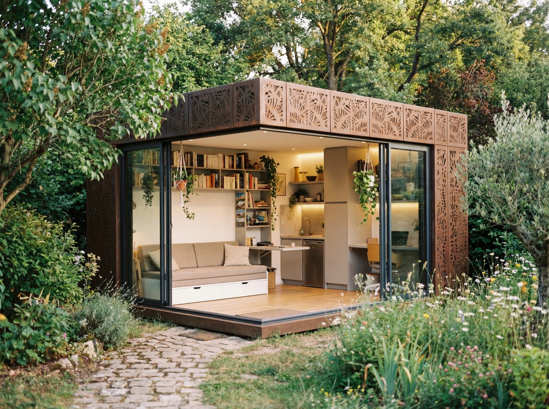 Studio de jardin Jardera avec façade en acier Corten découpée laser et intérieur aménagé salon-bibliothèque-kitchenette