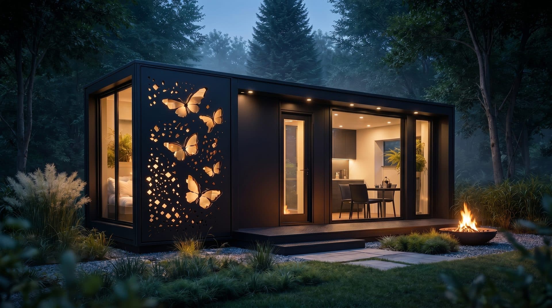 Tiny House NOVA 15 : façade métallique noir mat, découpe laser signature papillons rétroéclairée au crépuscule